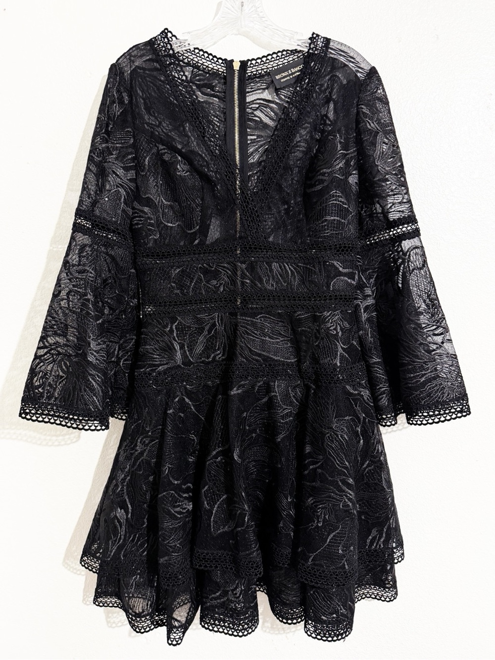 Bronx And Banco Marta Floral Embroidered Sequin Mesh Lace Mini Dress in Black